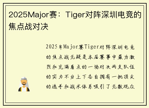 2025Major赛：Tiger对阵深圳电竞的焦点战对决